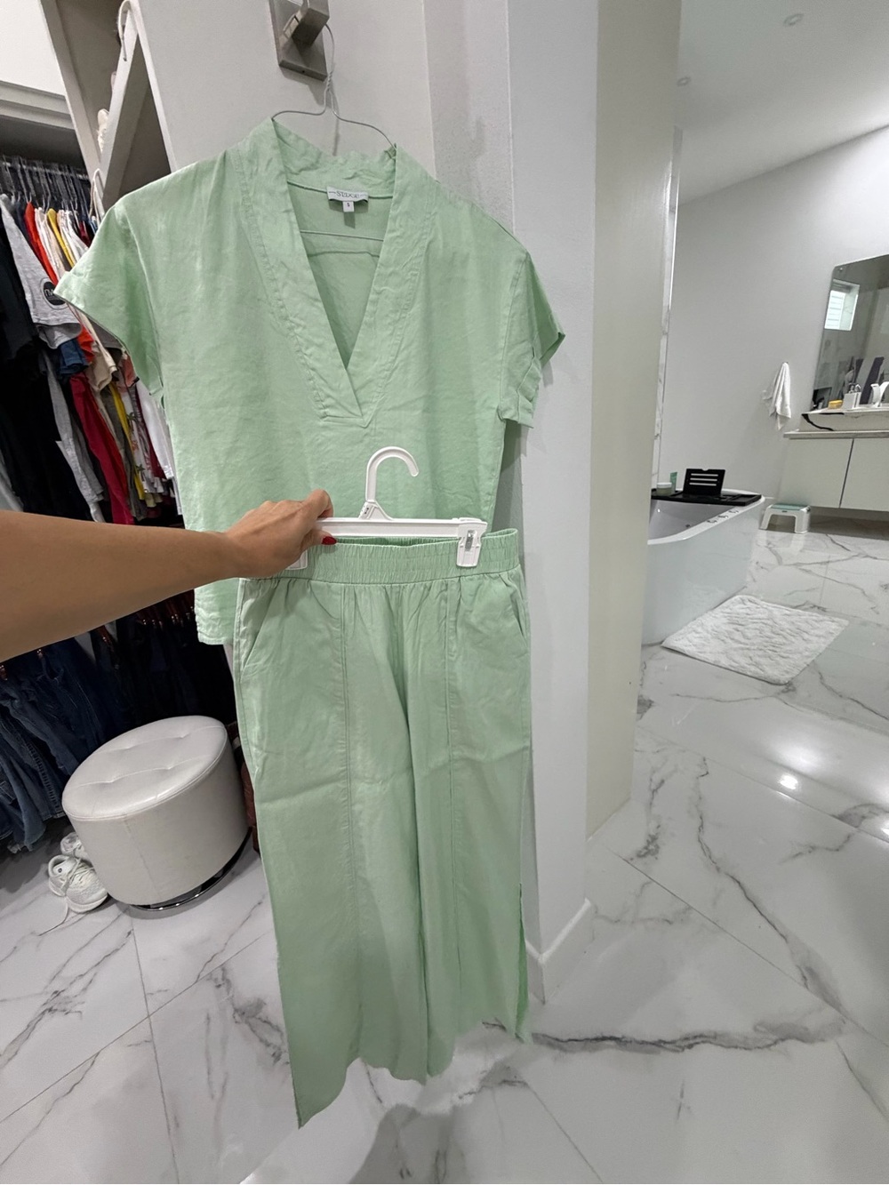 Light Green V-Neck Two-Piece  Set